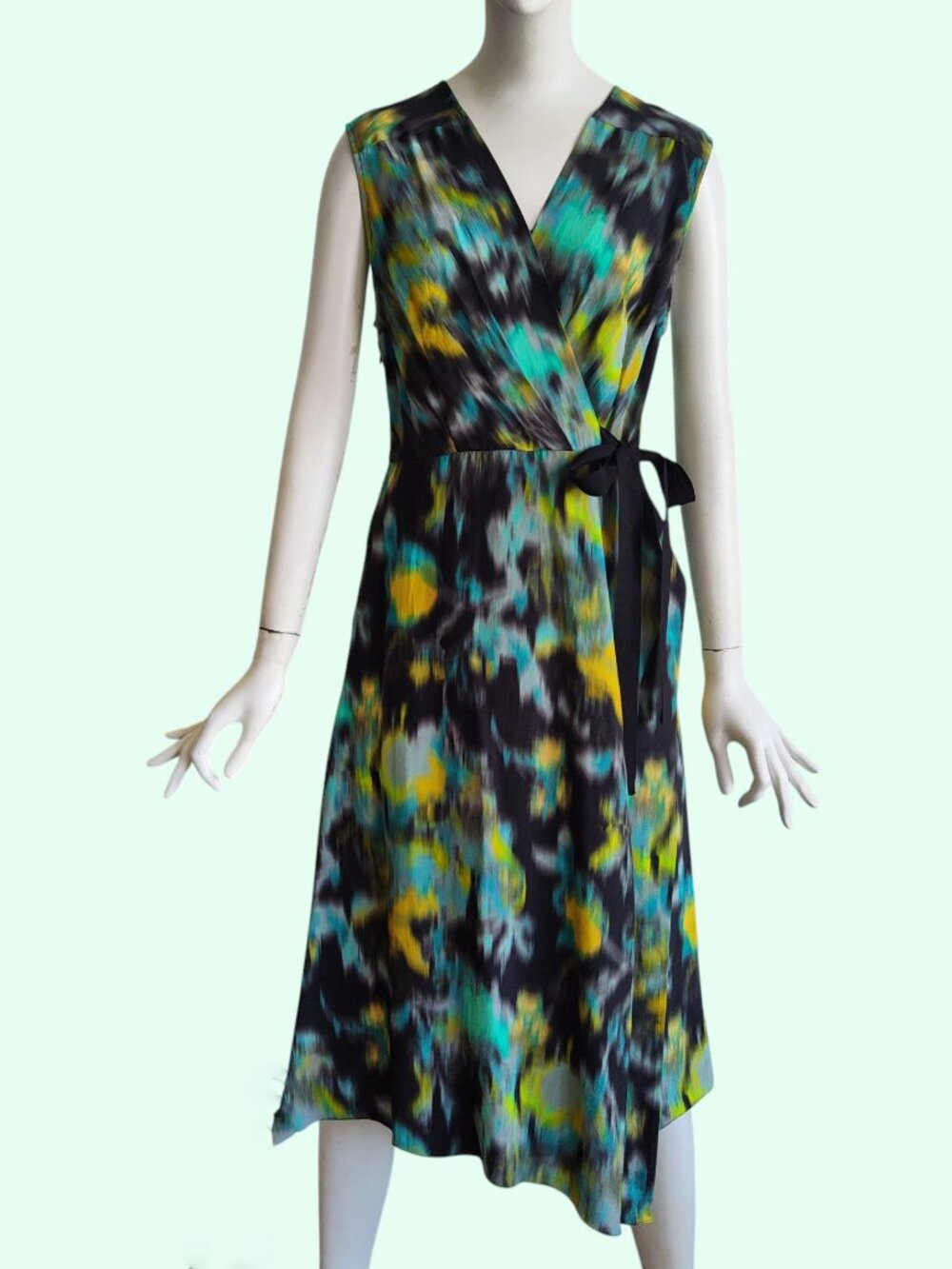 Tracy Reese Silk Midi Dress Abstract Watercolor Print Faux Wrap Side Tie Sz M